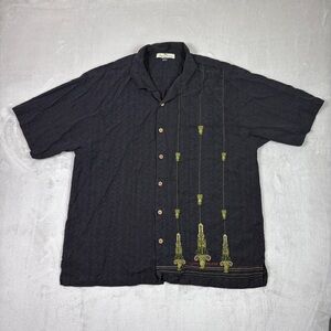 Tommy Bahama 100% Silk Button Up Shirt Embroidered Pineapples Black Size XL